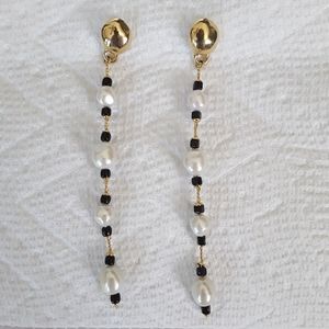 Faux Pearl/Black Bead Goldtone Drop Earrings